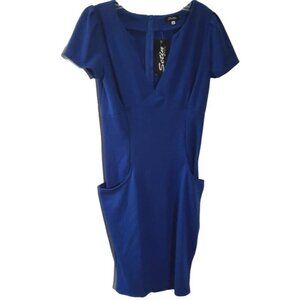 Setin STYL Short Sleeve Cobalt Blue Dress Size Large with V neck & pockets
